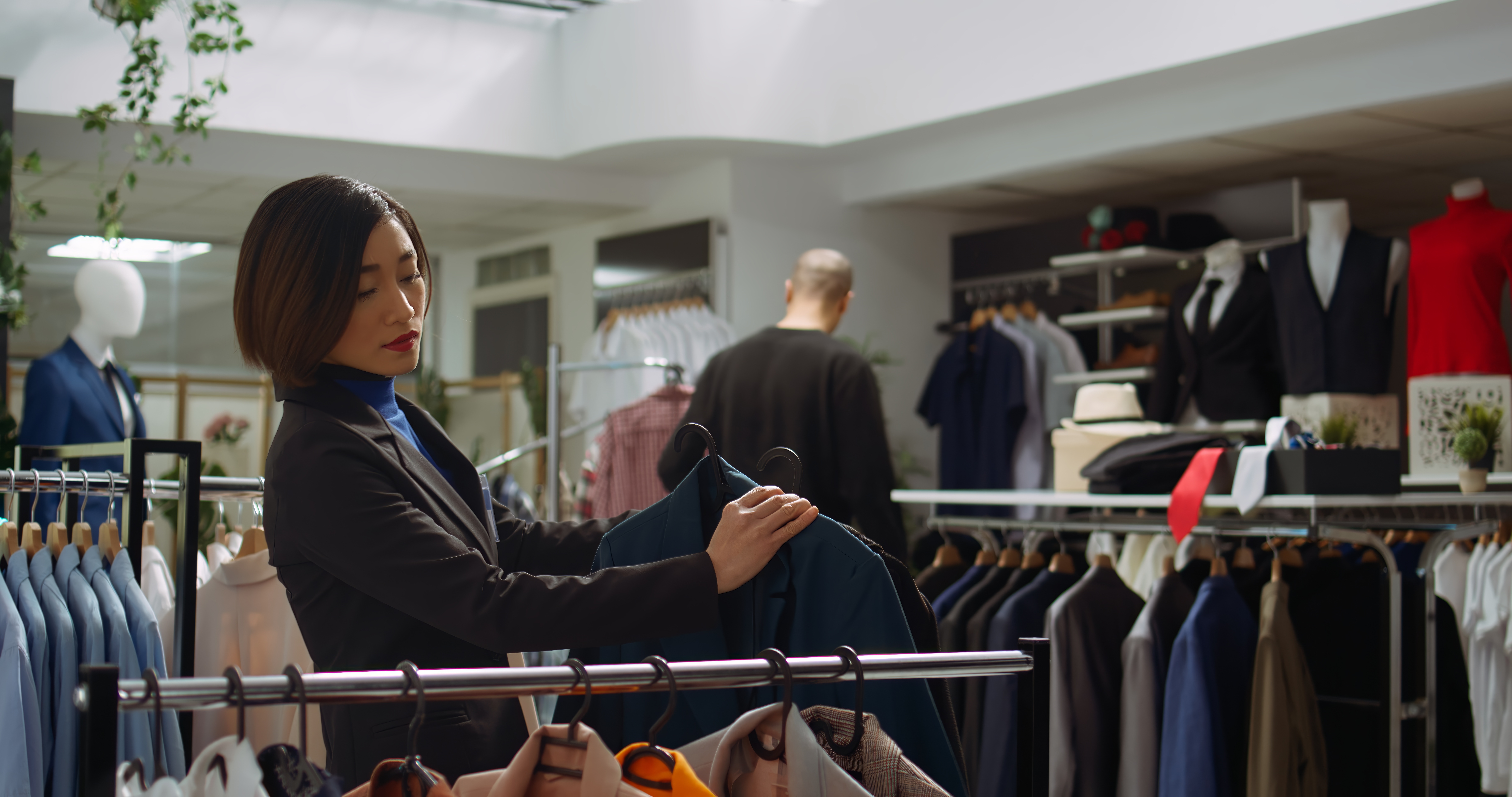 Store manager of a luxury fashion retailer working in the store.